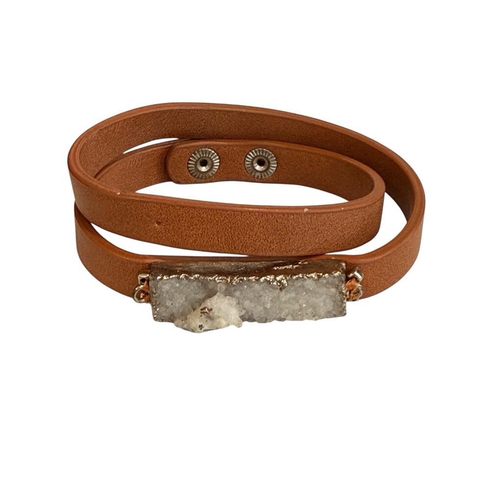 Brown Vegan Leather Wrap Bracelet Wrap Druzy Stone Charms Snap Clasp Double Wrap
